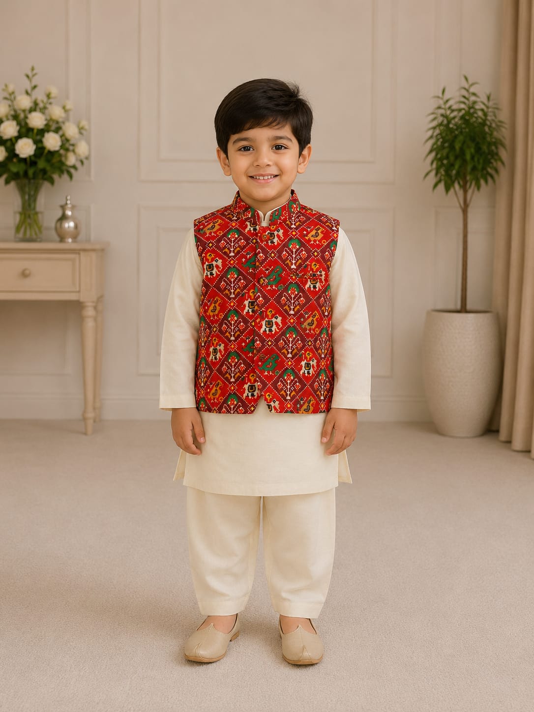 Boys Heritage Patola Jacket & Off-White Kurta Pajama Set