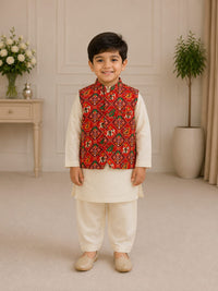 Boys Heritage Patola Jacket & Off-White Kurta Pajama Set