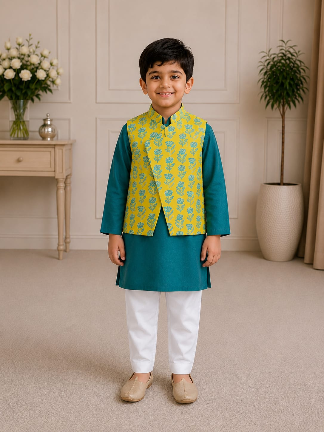 Boys Festive Floral Jacket & Teal Kurta Pajama Set