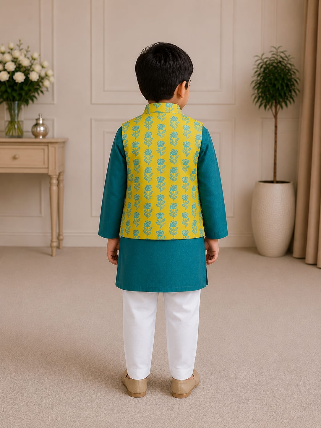 Boys Festive Floral Jacket & Teal Kurta Pajama Set