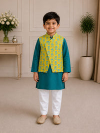Boys Festive Floral Jacket & Teal Kurta Pajama Set