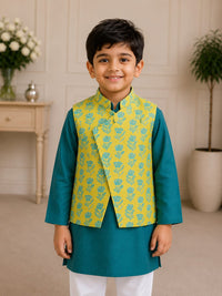 Boys Festive Floral Jacket & Teal Kurta Pajama Set
