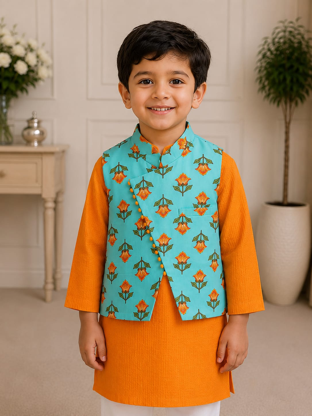 Boys Festive Floral Jacket & Mustard Orange Kurta Pajama Set