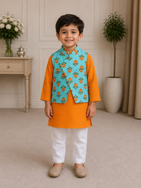 Boys Festive Floral Jacket & Mustard Orange Kurta Pajama Set