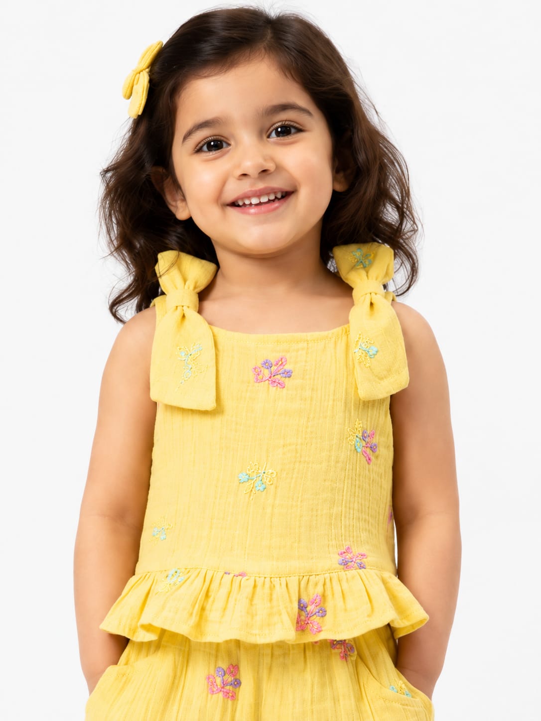 Girls' Embroidered Yellow Muslin Co-Ord Set
