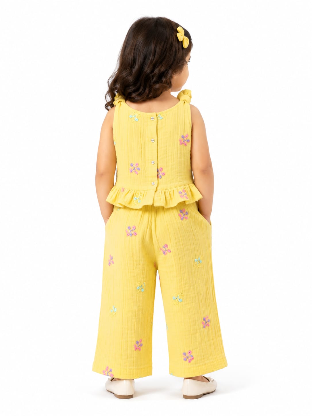 Girls' Embroidered Yellow Muslin Co-Ord Set