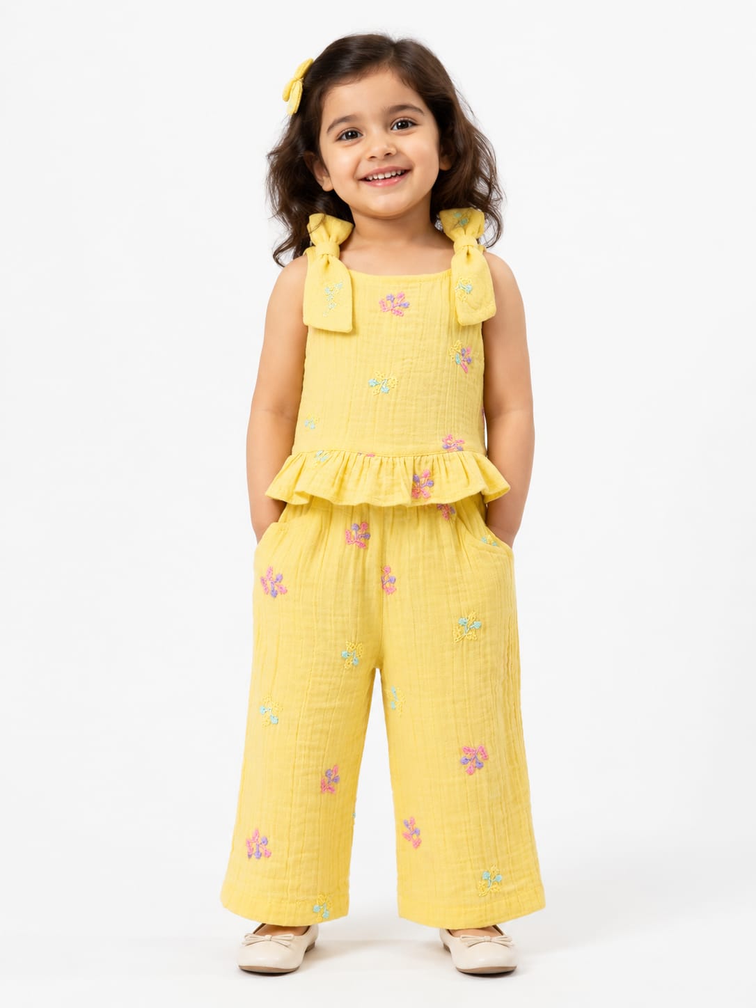 Girls' Embroidered Yellow Muslin Co-Ord Set
