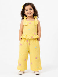Girls' Embroidered Yellow Muslin Co-Ord Set