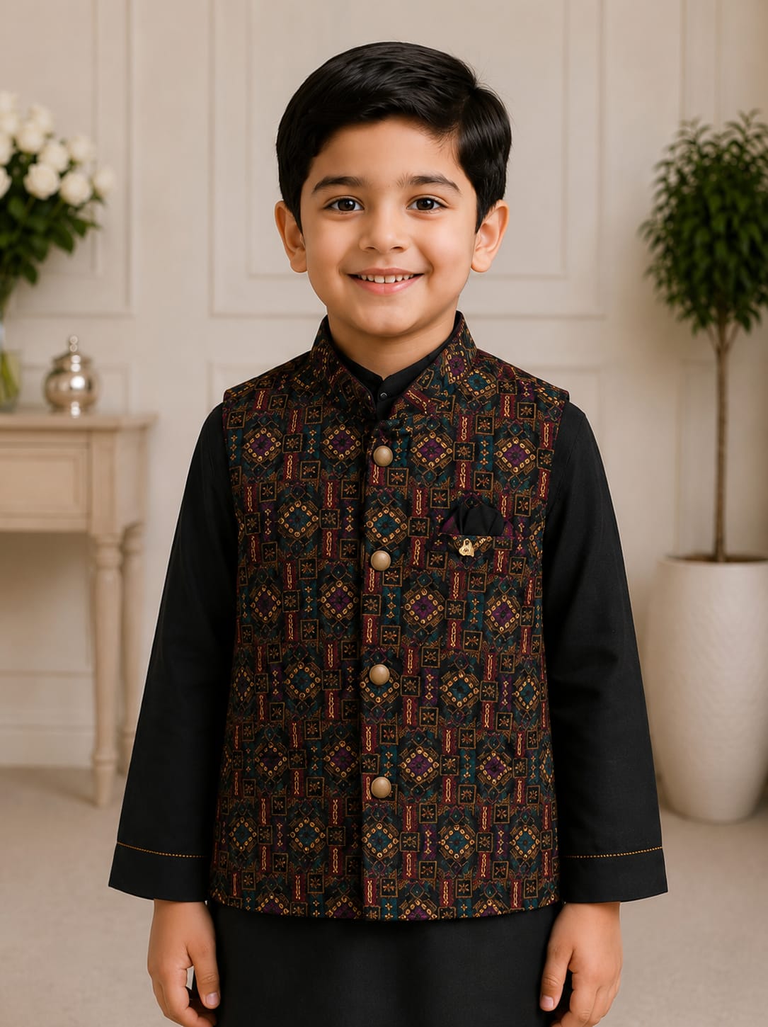 Boys' Geometric Brocade Nehru Jacket & Kurta Pyjama Set