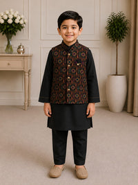 Boys' Geometric Brocade Nehru Jacket & Kurta Pyjama Set