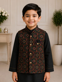 Boys' Geometric Brocade Nehru Jacket & Kurta Pyjama Set