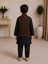 Boys' Geometric Brocade Nehru Jacket & Kurta Pyjama Set