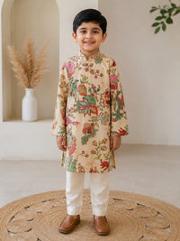 Boys' Floral Kalamkari Print Kurta Pyjama Set