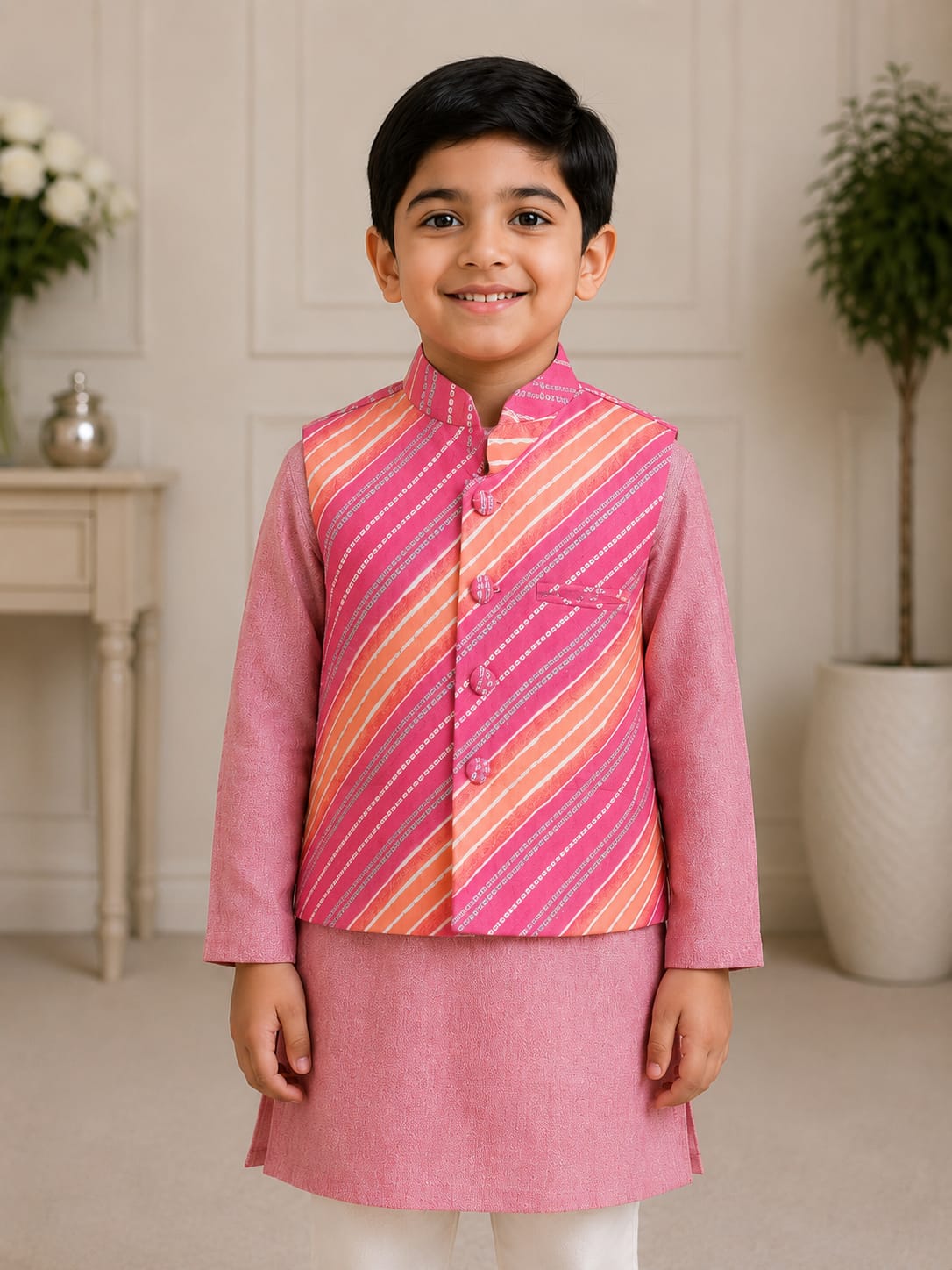 Boys' Leheriya Printed Nehru Jacket & Kurta Pyjama Set