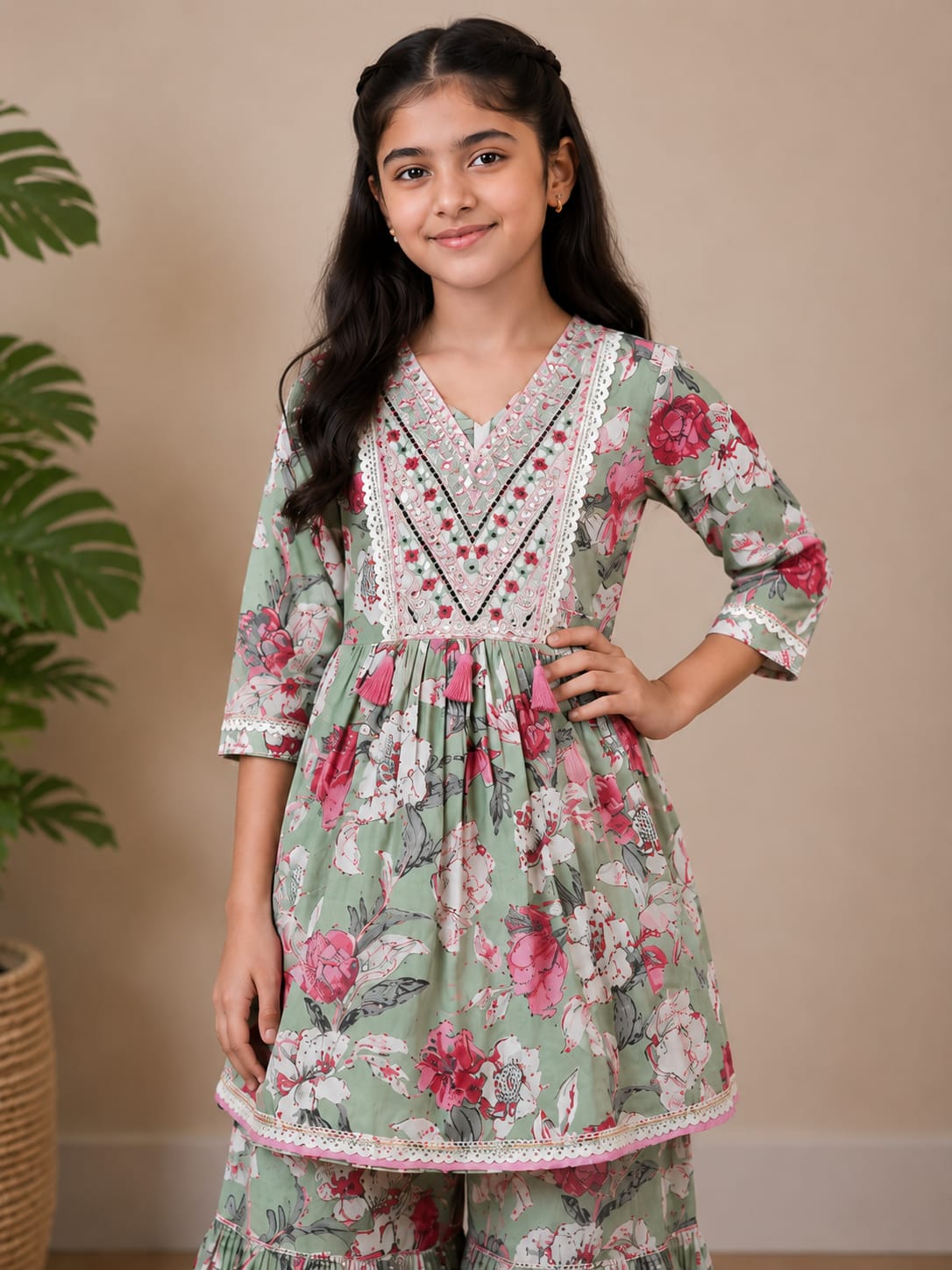 Girls' Floral Printed Peplum Kurta & Sharara Set