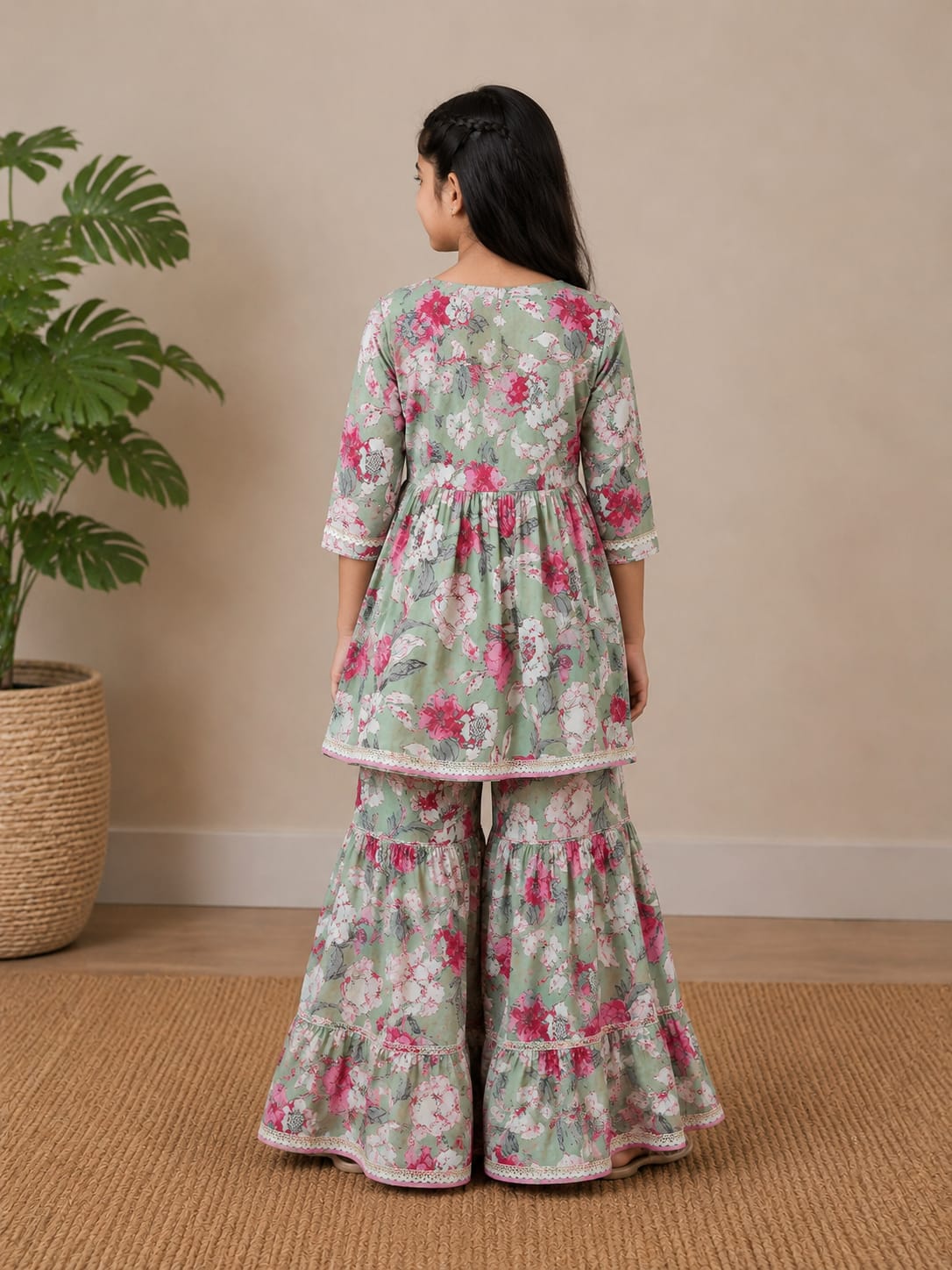 Girls' Floral Printed Peplum Kurta & Sharara Set