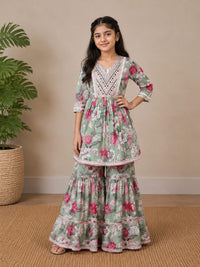 Girls' Floral Printed Peplum Kurta & Sharara Set