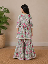 Girls' Floral Printed Peplum Kurta & Sharara Set