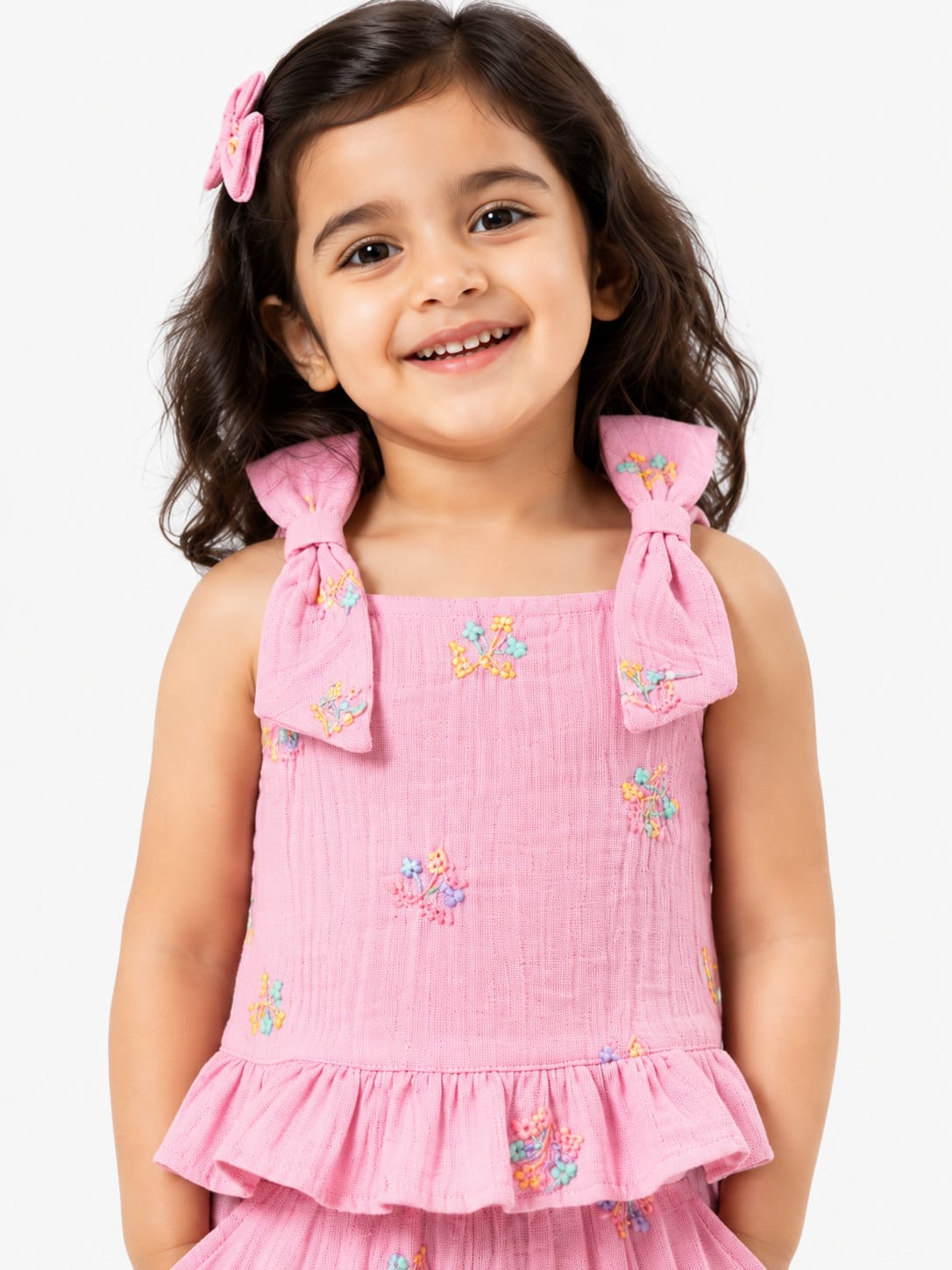 Girls' Embroidered Pink Muslin Co-Ord Set