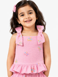 Girls' Embroidered Pink Muslin Co-Ord Set