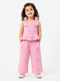 Girls' Embroidered Pink Muslin Co-Ord Set