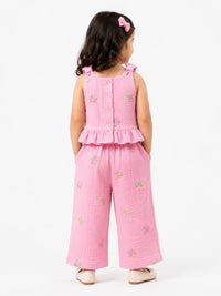 Girls' Embroidered Pink Muslin Co-Ord Set