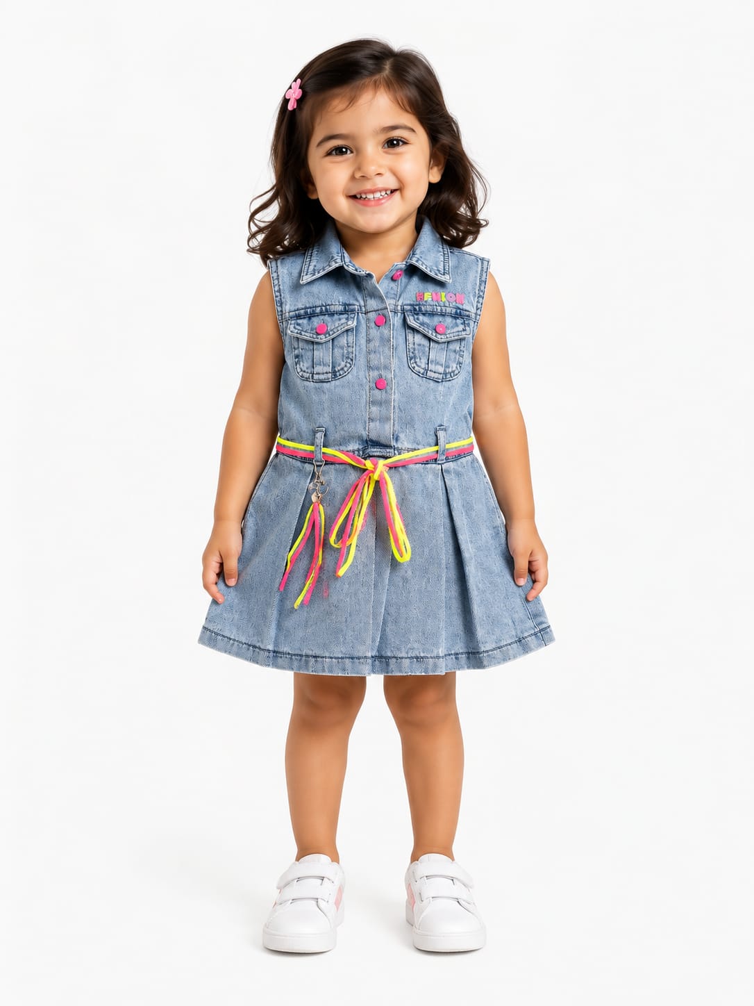 Girls' Neon Accent Pleated Denim Dress