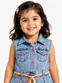 Girls' Neon Accent Pleated Denim Dress