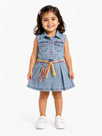 Girls' Neon Accent Pleated Denim Dress