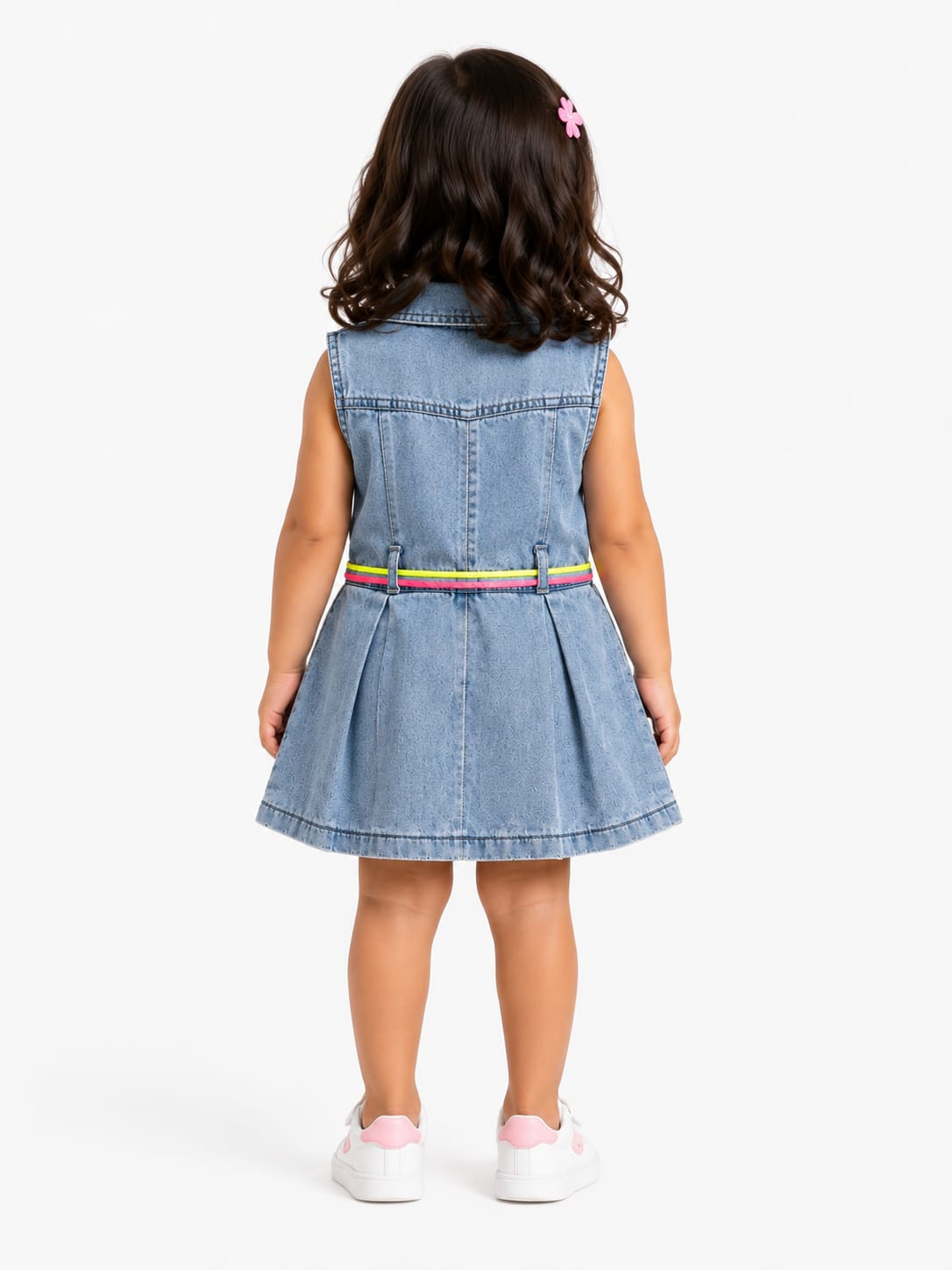 Girls' Neon Accent Pleated Denim Dress