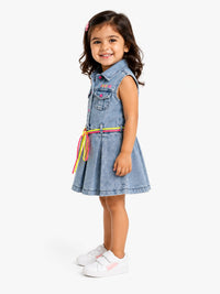 Girls' Neon Accent Pleated Denim Dress