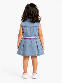 Girls' Neon Accent Pleated Denim Dress
