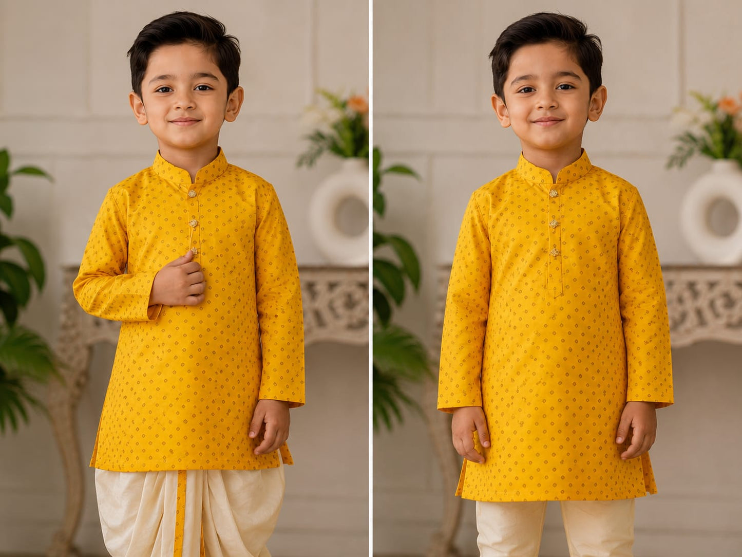 Boys' Bright Yellow Bandhani Print Kurta Set (with Dhoti & Pyjama Options)