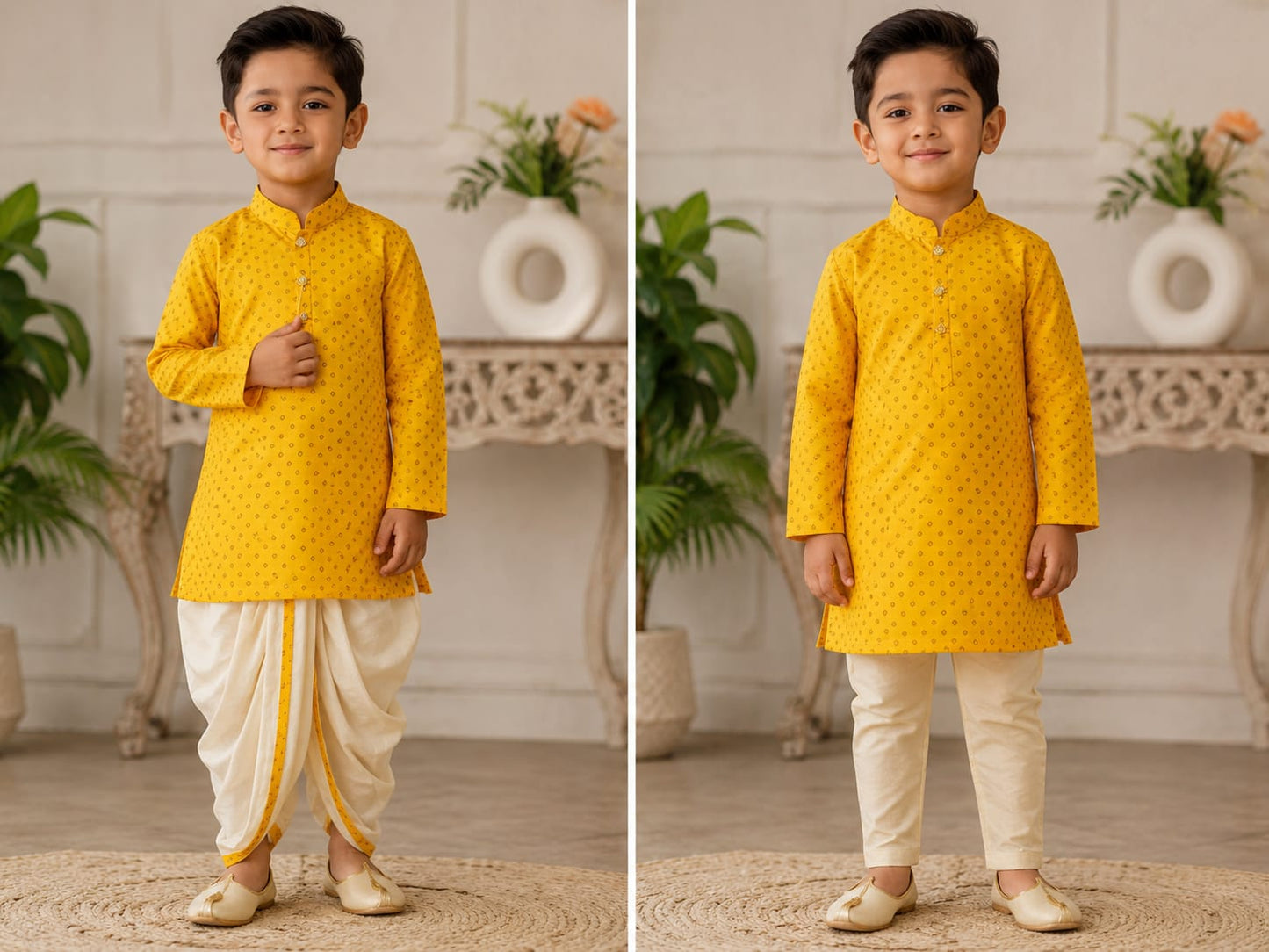 Boys' Bright Yellow Bandhani Print Kurta Set (with Dhoti & Pyjama Options)