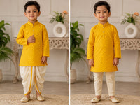 Boys' Bright Yellow Bandhani Print Kurta Set (with Dhoti & Pyjama Options)