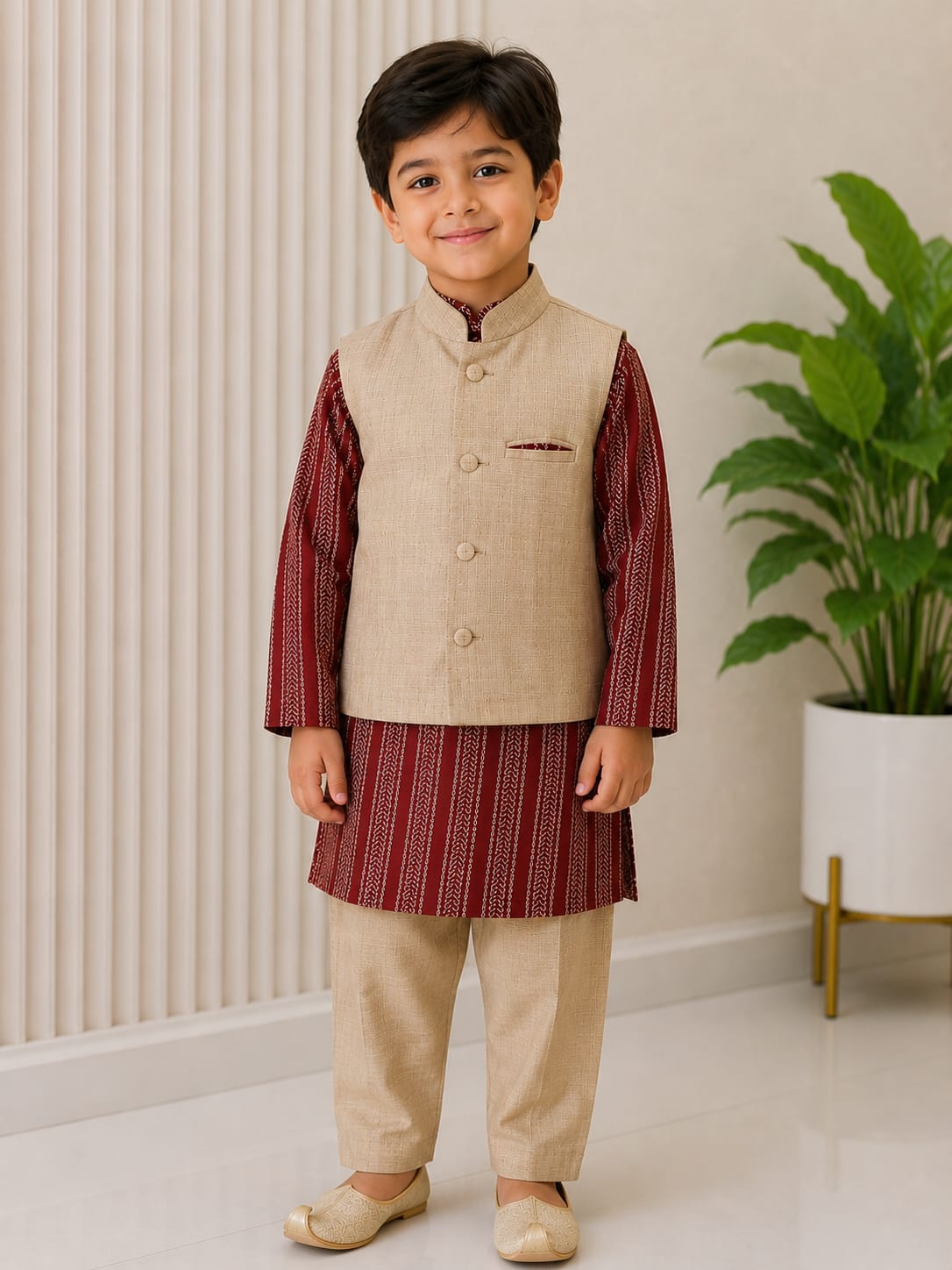 Boys' Maroon Printed Kurta with Beige Nehru Jacket & Trousers Set