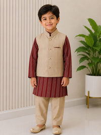 Boys' Maroon Printed Kurta with Beige Nehru Jacket & Trousers Set