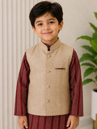 Boys' Maroon Printed Kurta with Beige Nehru Jacket & Trousers Set
