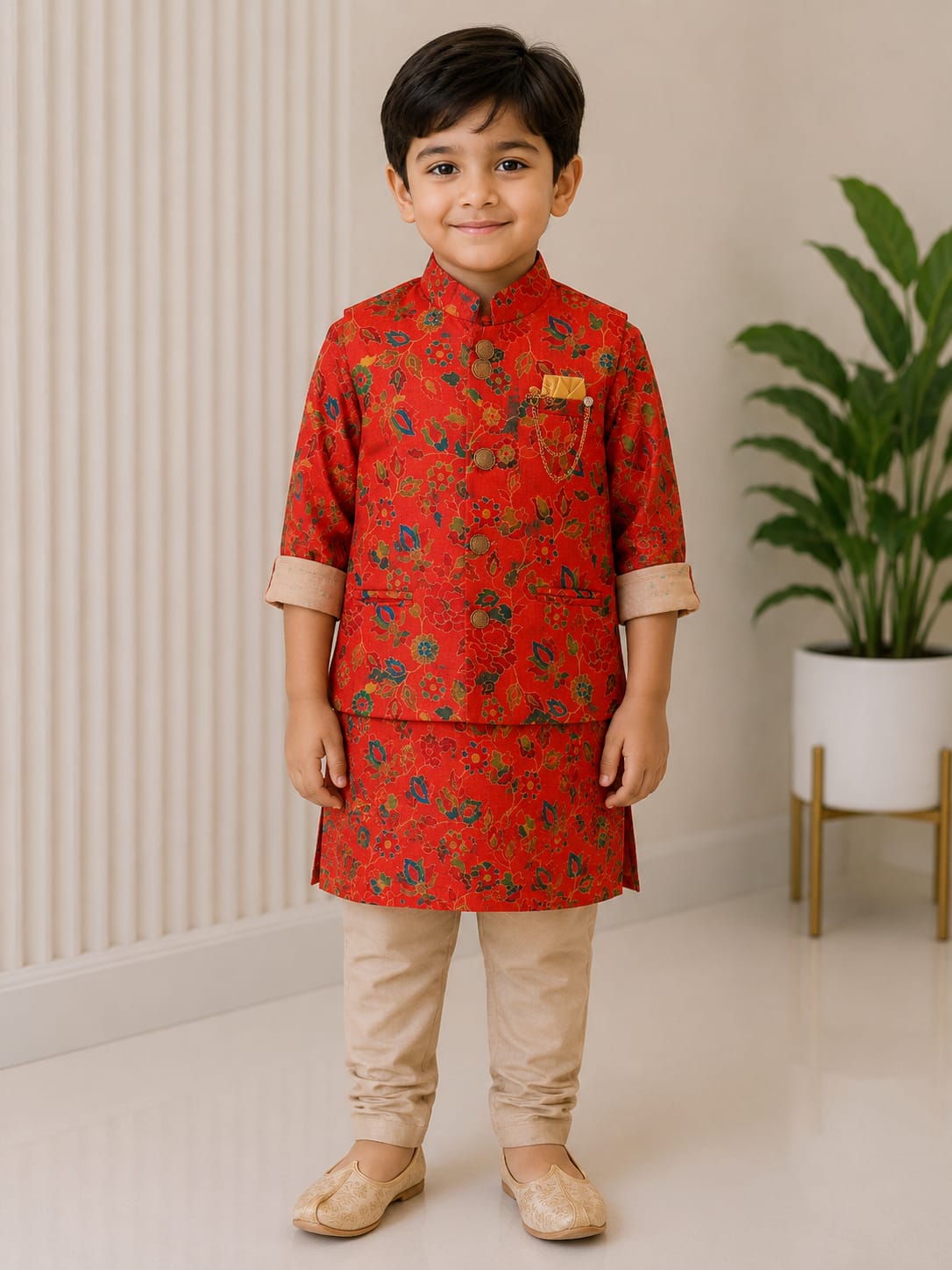 Boys' Crimson Red Kalamkari Print Sherwani Jacket & Kurta Set