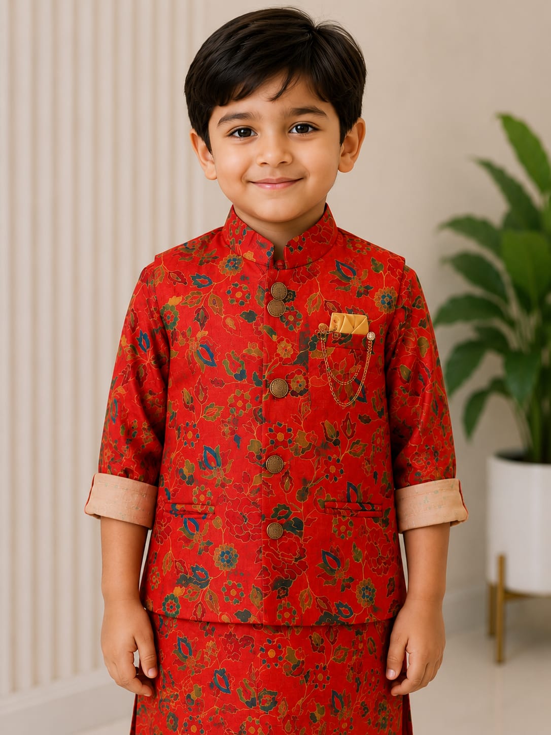 Boys' Crimson Red Kalamkari Print Sherwani Jacket & Kurta Set