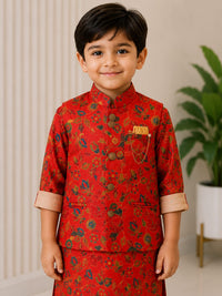 Boys' Crimson Red Kalamkari Print Sherwani Jacket & Kurta Set