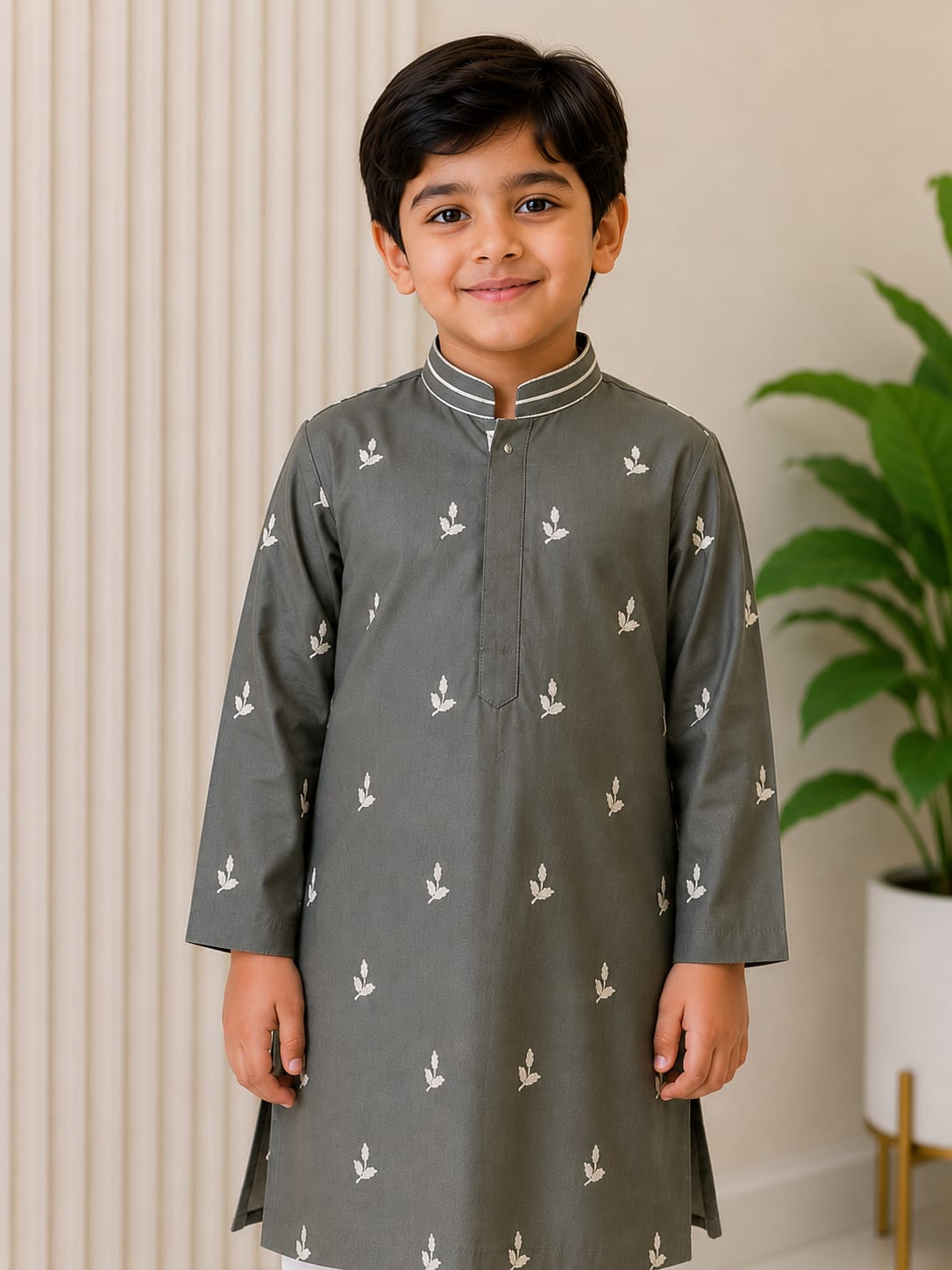 Boys' Embroidered Charcoal Grey Kurta & Pyjama Set
