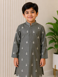 Boys' Embroidered Charcoal Grey Kurta & Pyjama Set