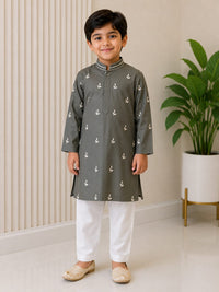 Boys' Embroidered Charcoal Grey Kurta & Pyjama Set