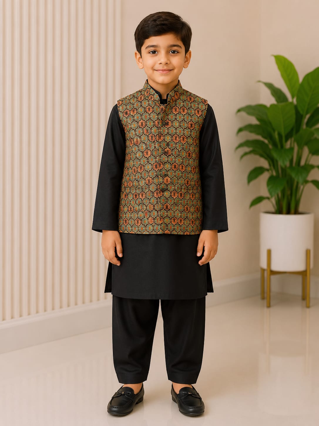 Boys' Geometric Ajrakh Print Nehru Jacket & Black Kurta Pyjama Set