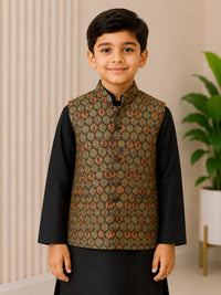 Boys' Geometric Ajrakh Print Nehru Jacket & Black Kurta Pyjama Set