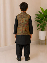 Boys' Geometric Ajrakh Print Nehru Jacket & Black Kurta Pyjama Set