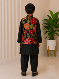 Boys' Bold Floral Print Nehru Jacket & Black Kurta Pyjama Set