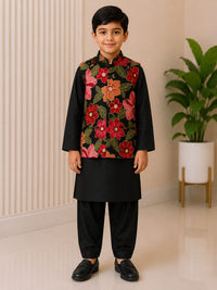 Boys' Bold Floral Print Nehru Jacket & Black Kurta Pyjama Set