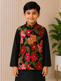 Boys' Bold Floral Print Nehru Jacket & Black Kurta Pyjama Set